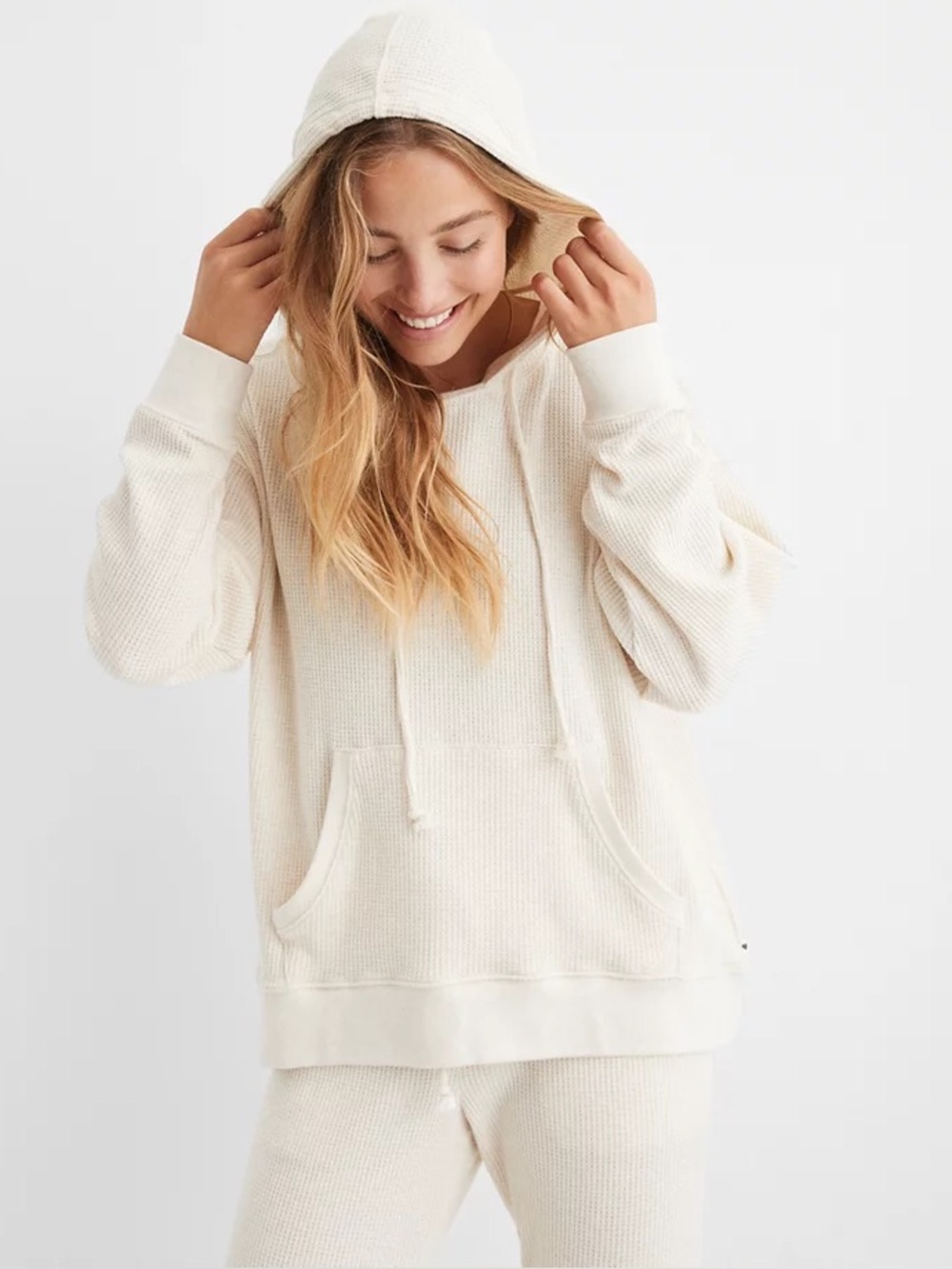 Aerie Cozy Waffle Knit Sweatshirt Hoodie Sz XXL Beige Ivory